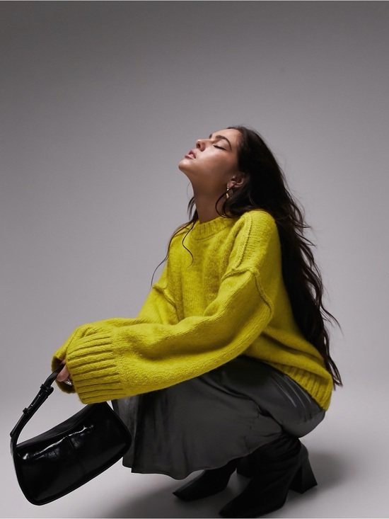 Topshop Sweaters - Topshop knitted relaxed crew neck exposed seam sweater in green/bright yellow